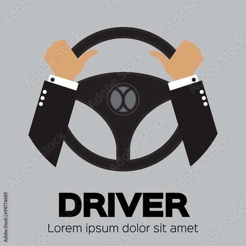 Driver design element with hands holding steering wheel. Vector illustration.