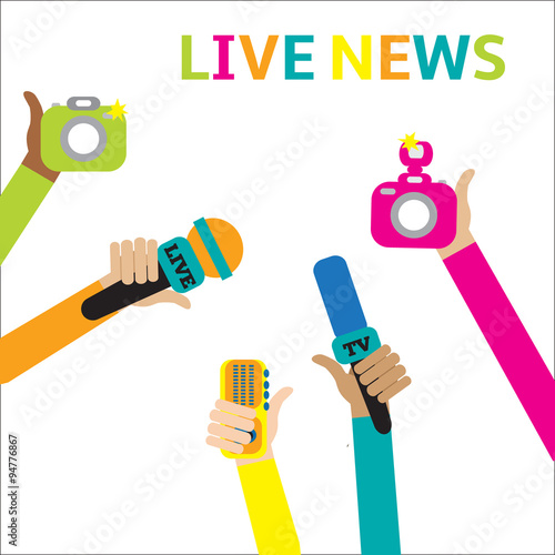 Live report concept, live news - set of hands holding microphones and voice recorders..Breaking news flat style vector illustration. Mass media signs, symbols, objects, icons, abstract elements. .