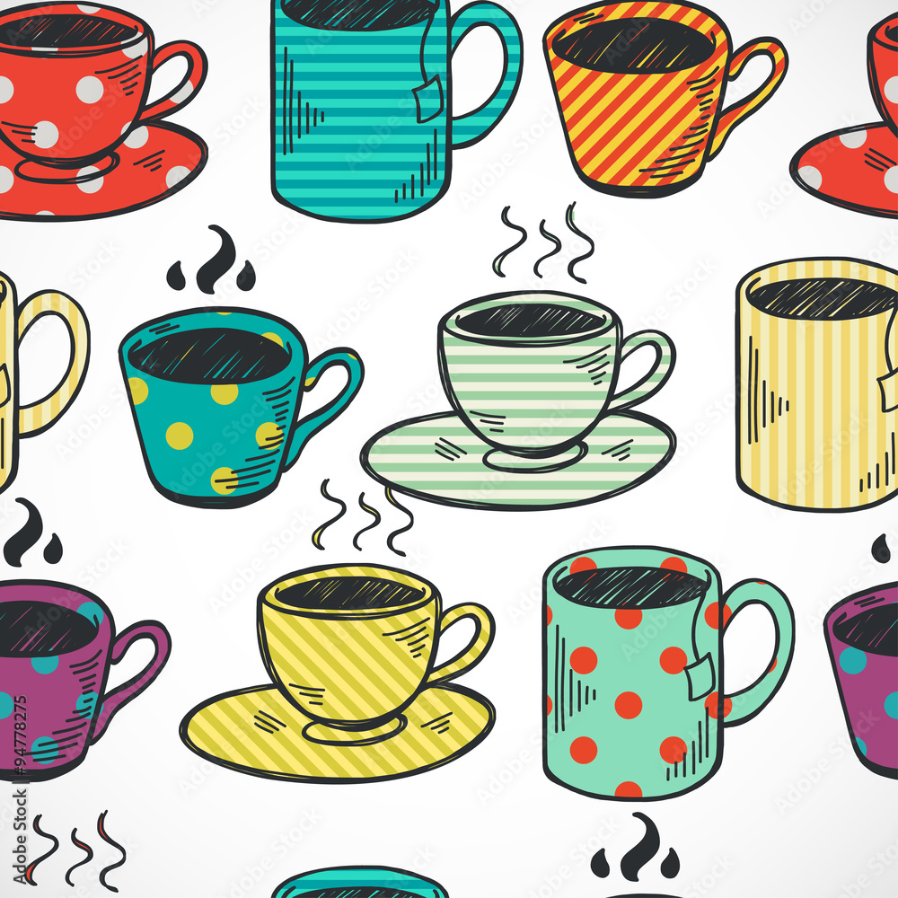 Coffee and tea cups and mugs seamless pattern Coffee and tea cups and mugs seamless pattern