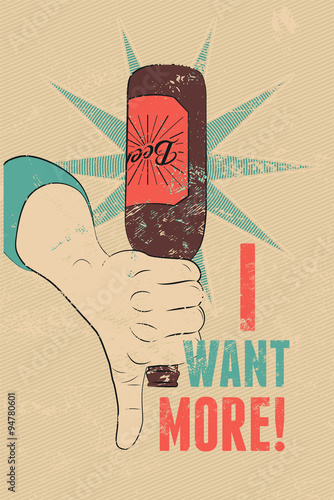 Vintage grunge style beer poster. Hand hold an empty bottle of beer. Retro vector illustration.