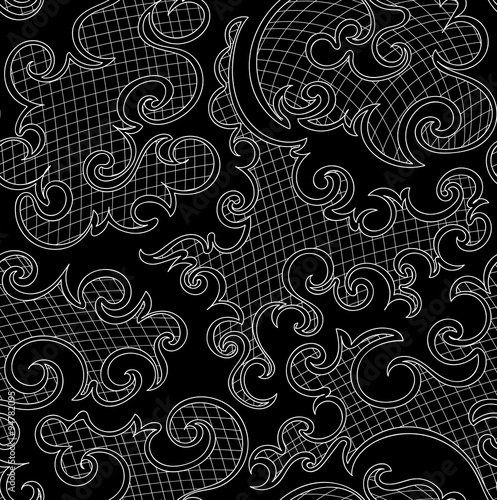 Abstract decorative vector seamless pattern with curling ornamental shapes, lines, grid. Endless texture. You can use it as a wallpaper pattern in interior design