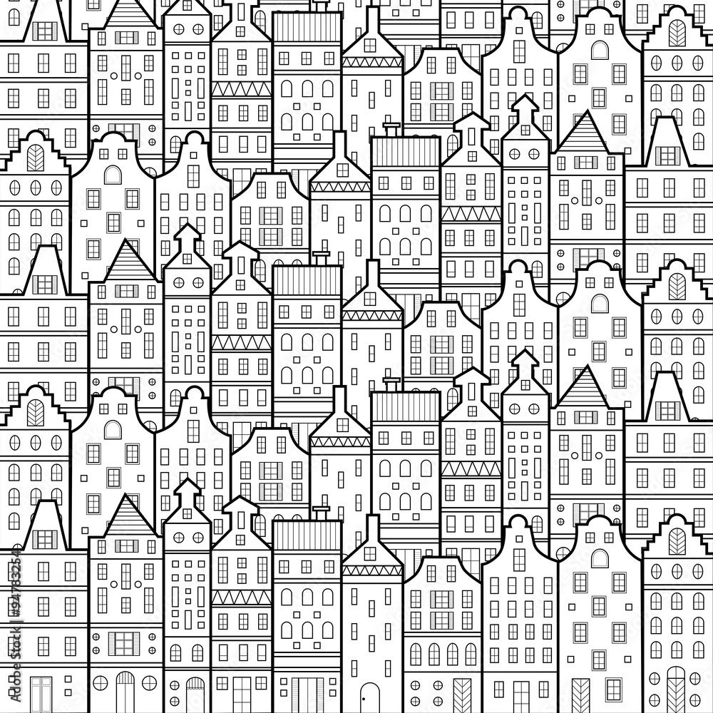 Amsterdam houses style pattern black and white