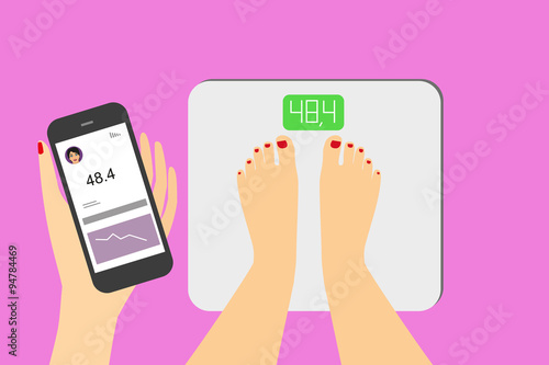 woman is getting information of his weight using mobile app for smart scales.