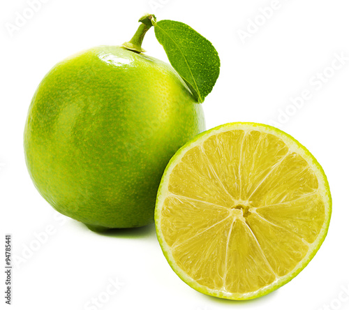 Sweet lemon with leaf isolated on white background.