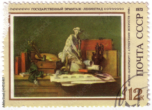 USSR - CIRCA 1973: a stamp printed by USSR shows a picture Still Life with Skulpture, by Jean-Baptiste Chardin, 1766, series Paintings in Hermitage, Leningrad, circa 1973