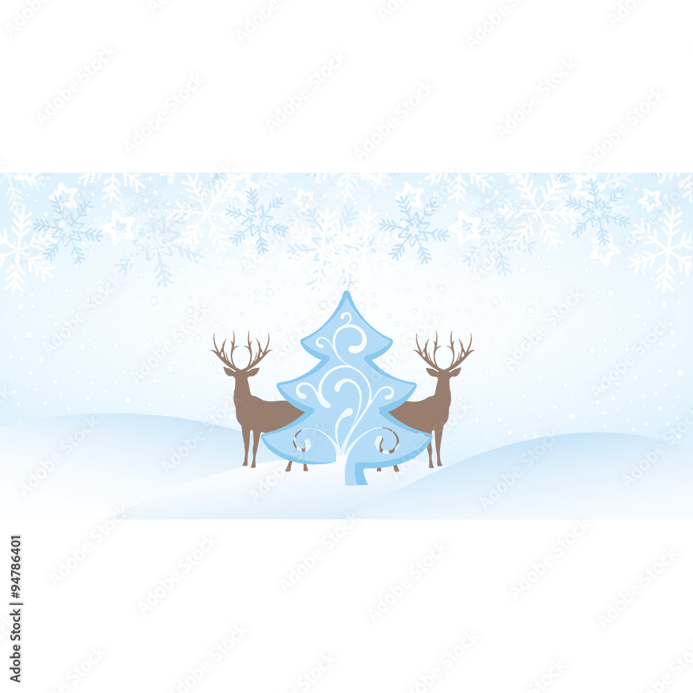 Christmas Blue Landscape with Snow, Tree and Reindeers Christmas Blue Landscape with Snow, Tree and Reindeers