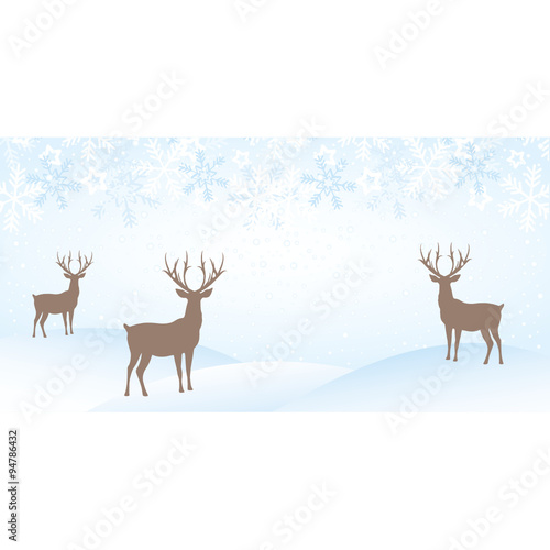 Christmas Blue Landscape with Snowflakes and Reindeers