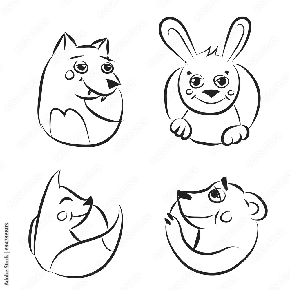Obraz premium Black and white cartoon forest animals icons set.