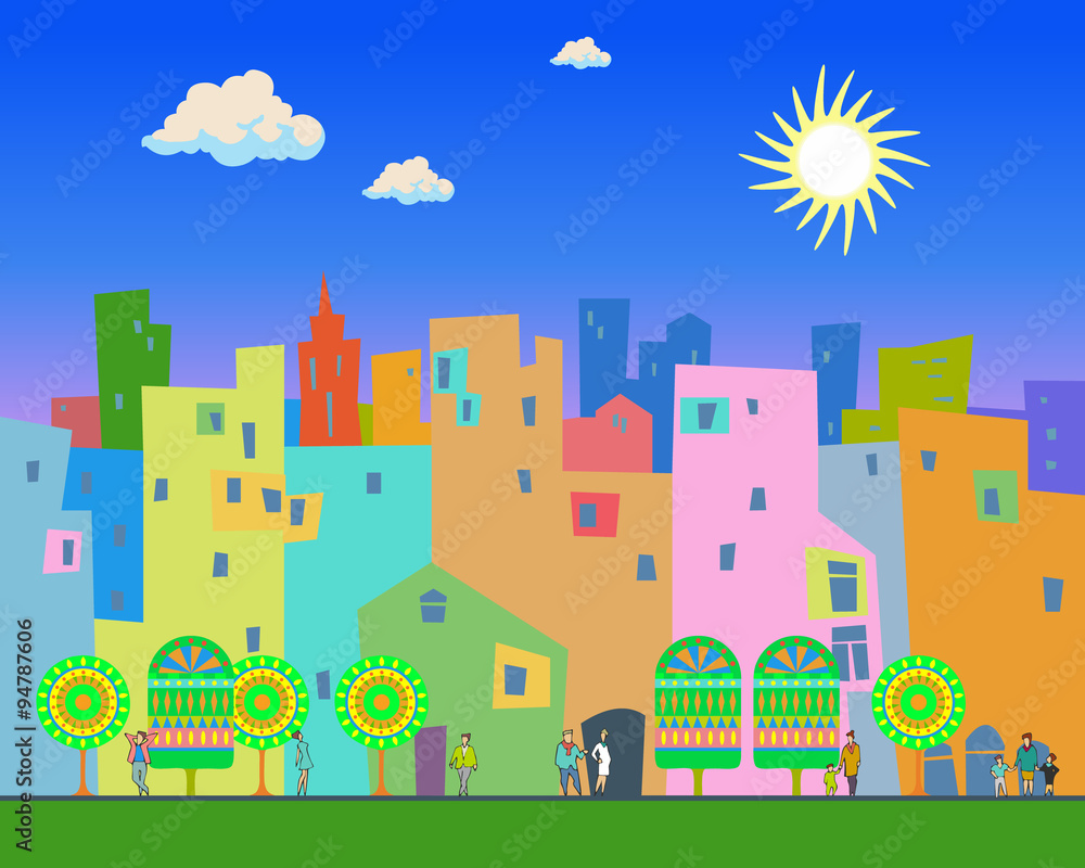 Bright summer day in the city. Illustration of the city, with color silhouette of buildings, trees and walking people and with a bright sun and clouds in the background. Urban scene. Flat style.Poster