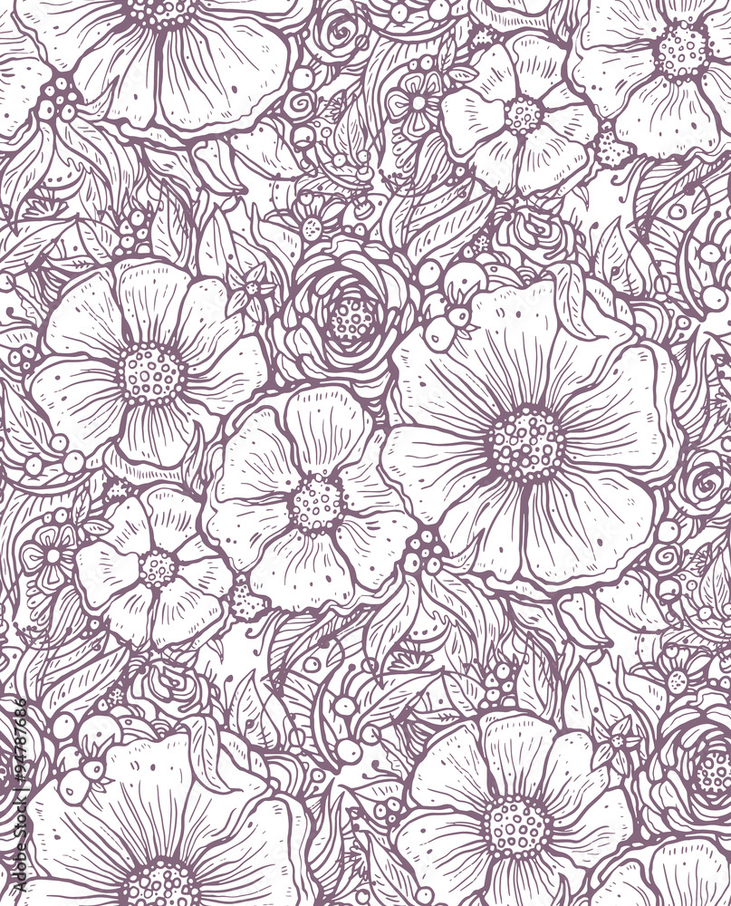 print, seamless pattern with flowers, lilac graphic bouquet, floral pattern outline, vector illustration