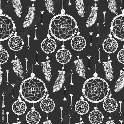 Hand-drawn with ink dreamcatcher with feathers, arrows. Seamless pattern. Ethnic illustration, tribal, American Indians traditional symbol.
