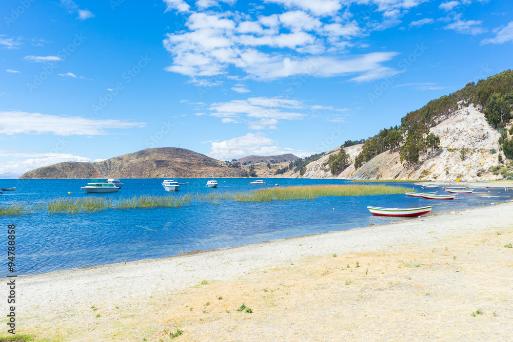 Boats on Island of the Sun, Titicaca Lake, Bolivia Boats on Island of the Sun, Titicaca Lake, Bolivia