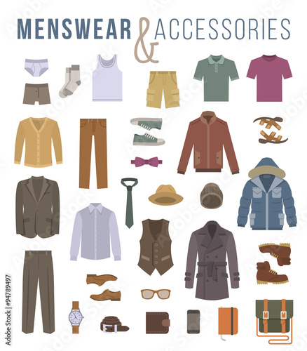 Men fashion clothing and accessories flat vector icons. Objects of male outfit clothes, underwear, shoes and every day essentials for any season. Modern urban casual style elements for man