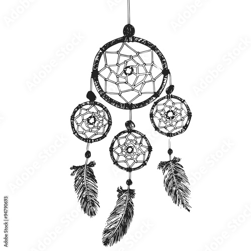 Hand-drawn with ink dreamcatcher with feathers. Ethnic illustration, tribal, American Indians traditional symbol.