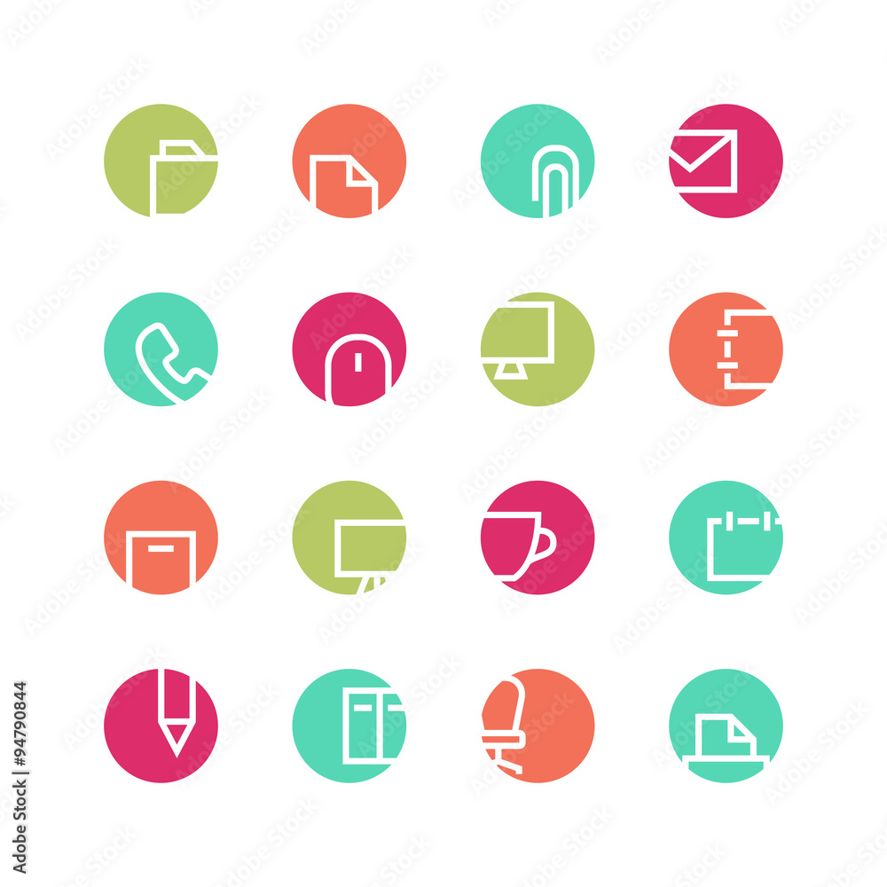 Office icon set - vector minimalist. Different symbols on the colored background.