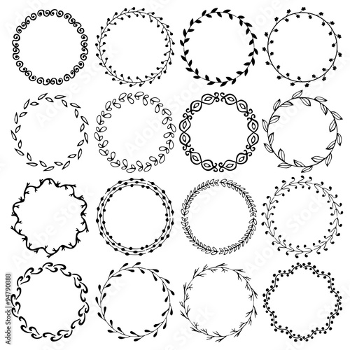 Collection, set of vintage hand drawn ornamental decorative circle frames, borders. Vector illustration.