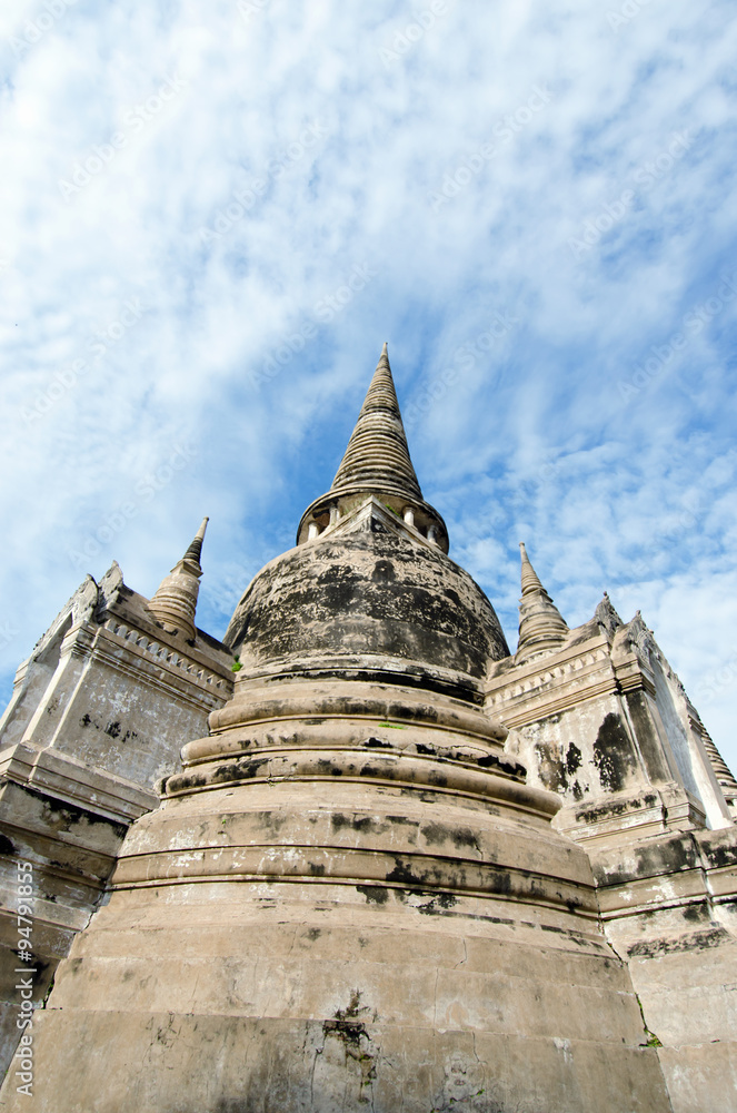 Old buddha pagoda temple with cloudy white sky in Ayuthaya Thailand