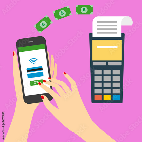 vector illustration of modern smartphone with processing of mobile payments from credit card on the screen.