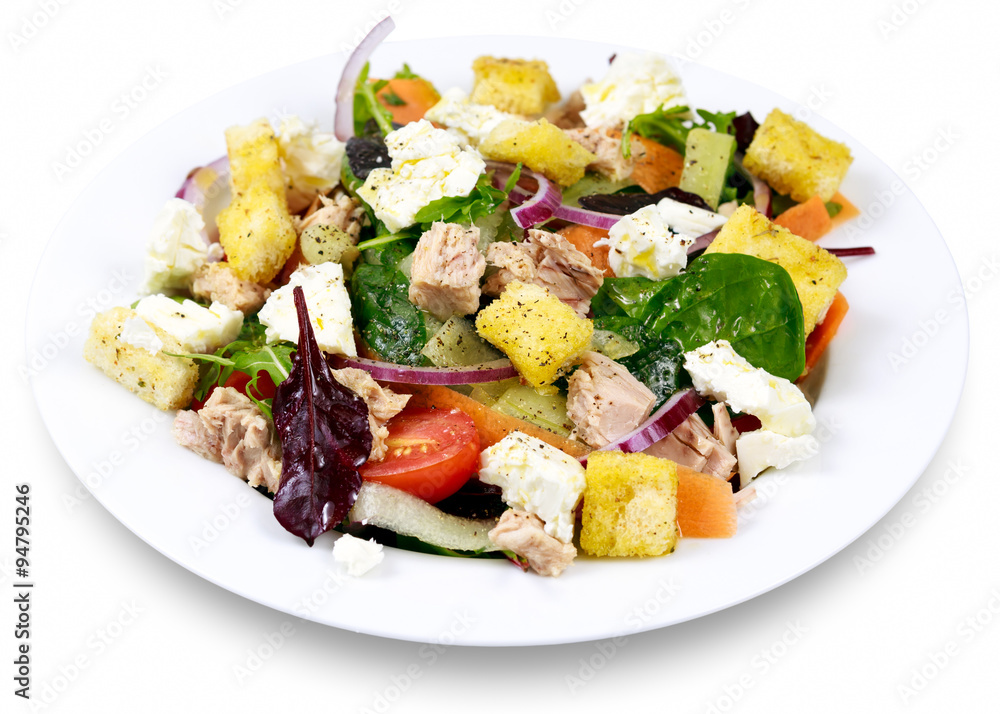 Tuna salad with Spinach, rocket, red ruby chard, tomatoes, cucumbers, carrot, red onion, white chesse, croutons on white Tuna salad with Spinach, rocket, red ruby chard, tomatoes, cucumbers, carrot, red onion, white chesse, croutons on white