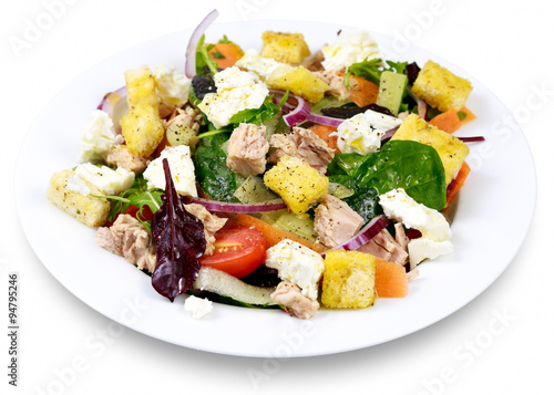 Tuna salad with Spinach, rocket, red ruby chard, tomatoes, cucumbers, carrot, red onion, white chesse, croutons on white