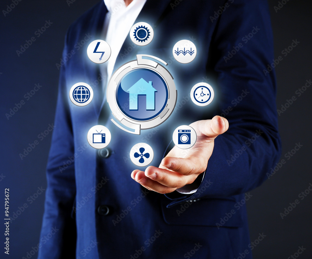 Business, technology and internet concept - businessman holding virtual icons - obrazy, fototapety, plakaty 