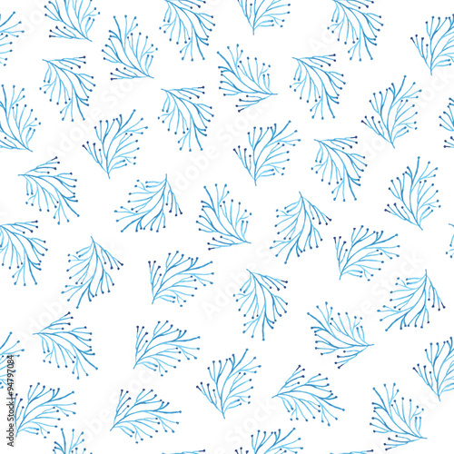 Seamless floral pattern with hand drawn watercolor blue twigs, branches on a white background. Illustration.