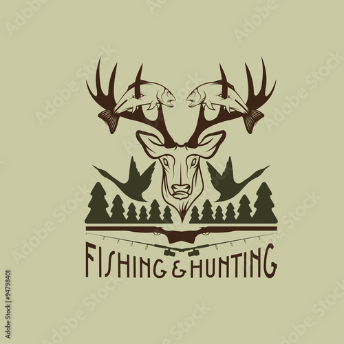hunting and fishing vintage emblem vector design template