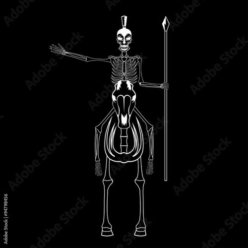 skeleton in spartan helmet with spear on the horse
