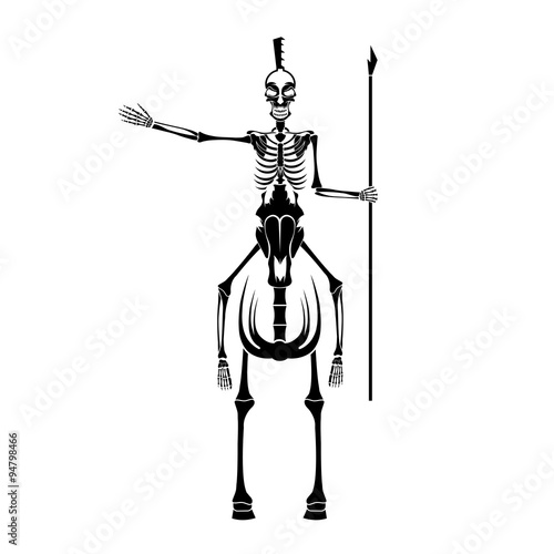 skeleton in spartan helmet with spear on the horse