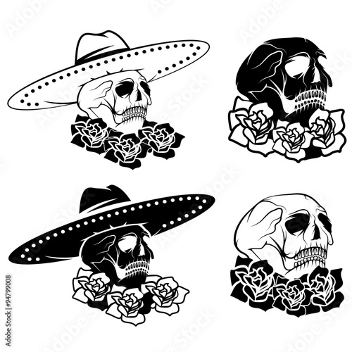 Day of The Dead Skull with flowers and sombrero, dia de los muer