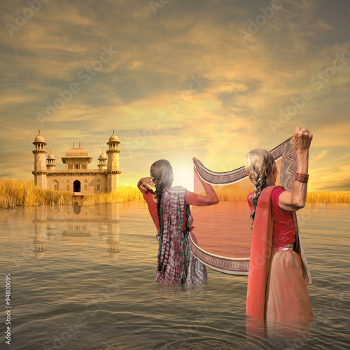 Bild auf Leinwand Women cleaning a saree.