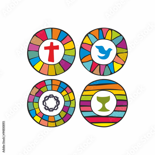 Cross, dove, chalice, crown of thorns, Christian, icons, rainbow, stained glass window, colorful, badge