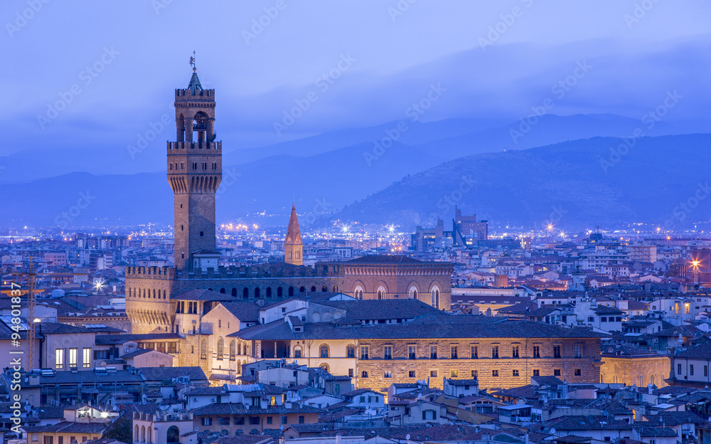 old tower in twilight lights in Florence in Italy