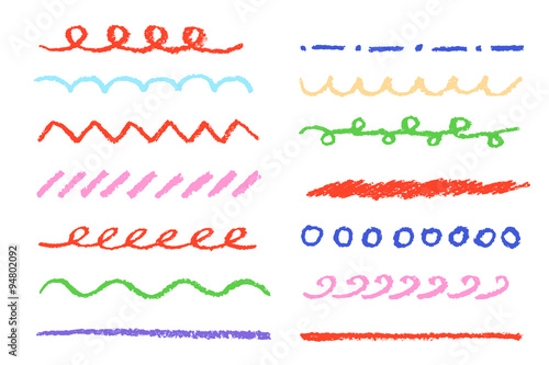 Set of colorful stripes isolated on white. Child's drawing of stripes isolated on white. Pastel chalk crayon hand drawn design elements, vector.