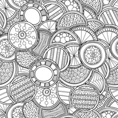 Zentangle style circles seamless pattern. Doodle black and white abstract vector background.