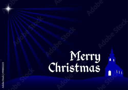 christmas background, vector christmas greeting card with silhouette of church, religious christmas dark blue concept