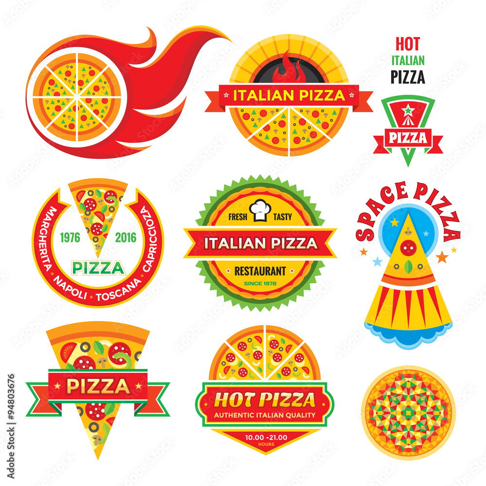 Naklejka premium Pizza - vector badges set. Pizza - vector labels collection. Pizza - vector logos set. Pizza - fast food vector illustrations. Design element. 