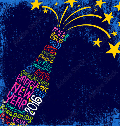 Happy New Year 2016 wishes in champagne bottle word cloud with stars