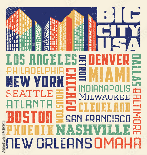 typography word collage design with many big United States cIties