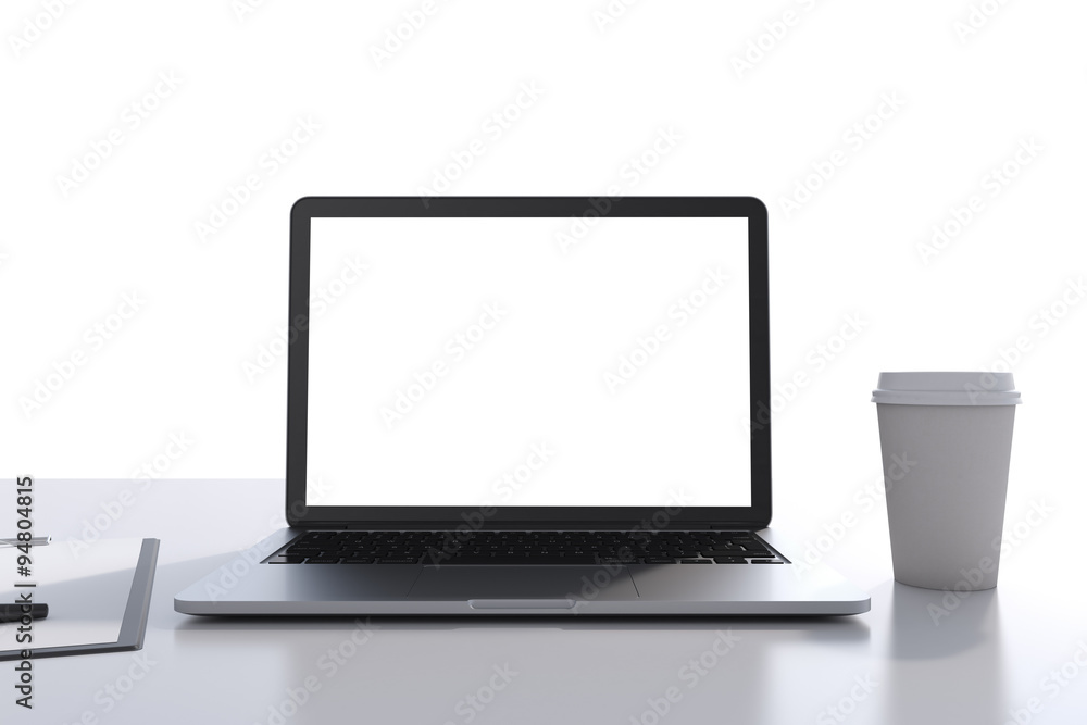 There are a laptop with white copy space screen, legal pad and a cup of coffee on the table. A concept of modern workplace. 3D rendering. White background. There are a laptop with white copy space screen, legal pad and a cup of coffee on the table. A concept of modern workplace. 3D rendering. White background.