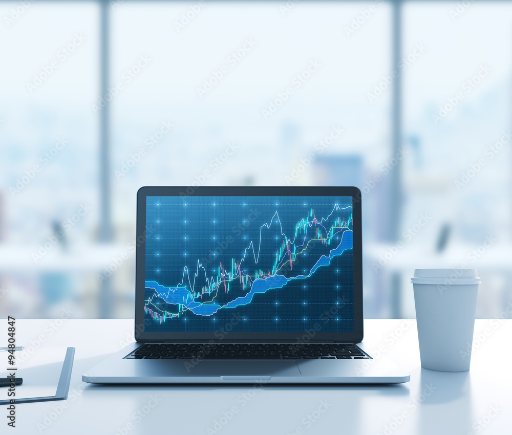 There are a laptop with forex chart on the screen, legal pad and a cup of coffee on the table. 3D rendering. Modern office with panoramic New York view in blur on the background. Toned image. There are a laptop with forex chart on the screen, legal pad and a cup of coffee on the table. 3D rendering. Modern office with panoramic New York view in blur on the background. Toned image.
