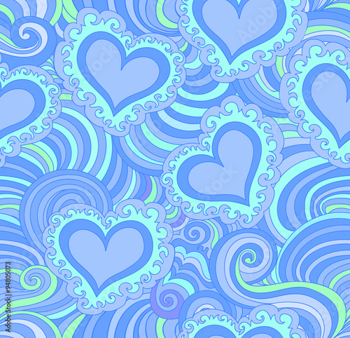 Abstract vector seamless pattern with blue ornamental hearts. Endless texture