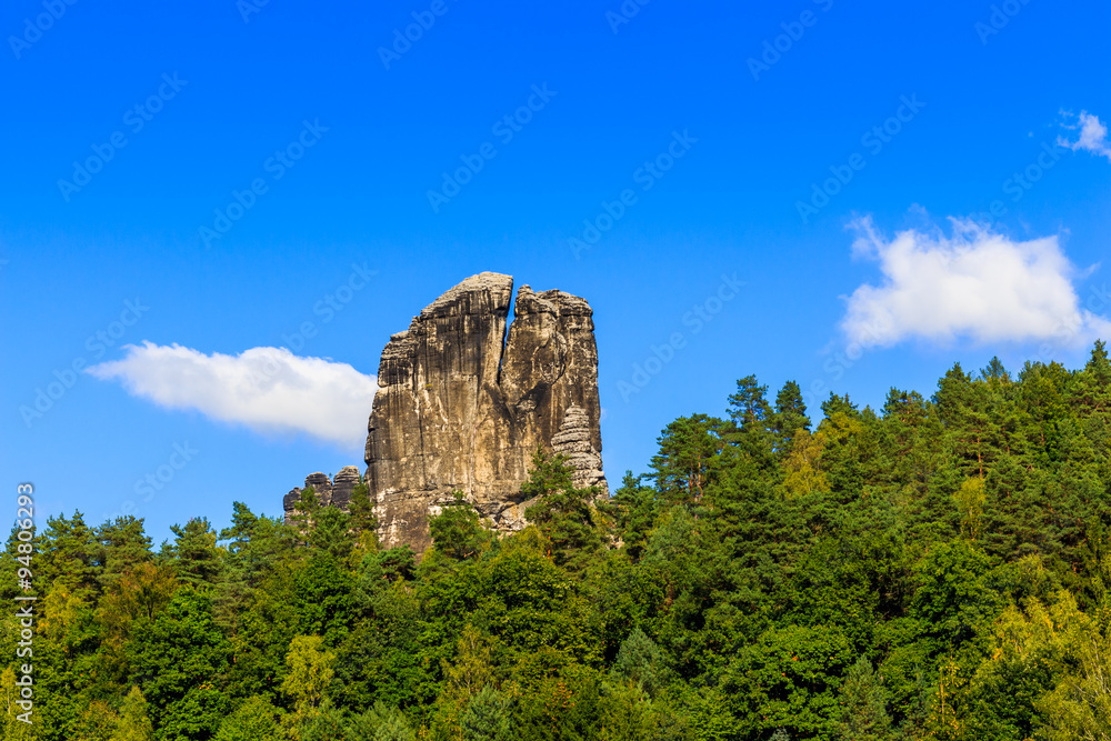Panorama with typical rock pinnacles at Bastei in Rathen, Saxon Switzerland