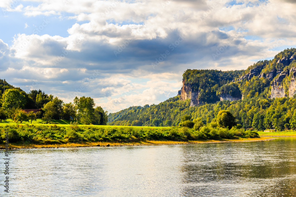 View of little town Rathen at Elbe river near the Bastei, Germany