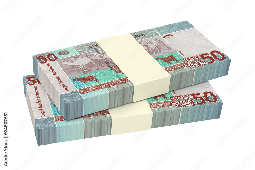 Sudanese pounds bills isolated on white background. Computer generated 3D photo rendering. Sudanese pounds bills isolated on white background. Computer generated 3D photo rendering.