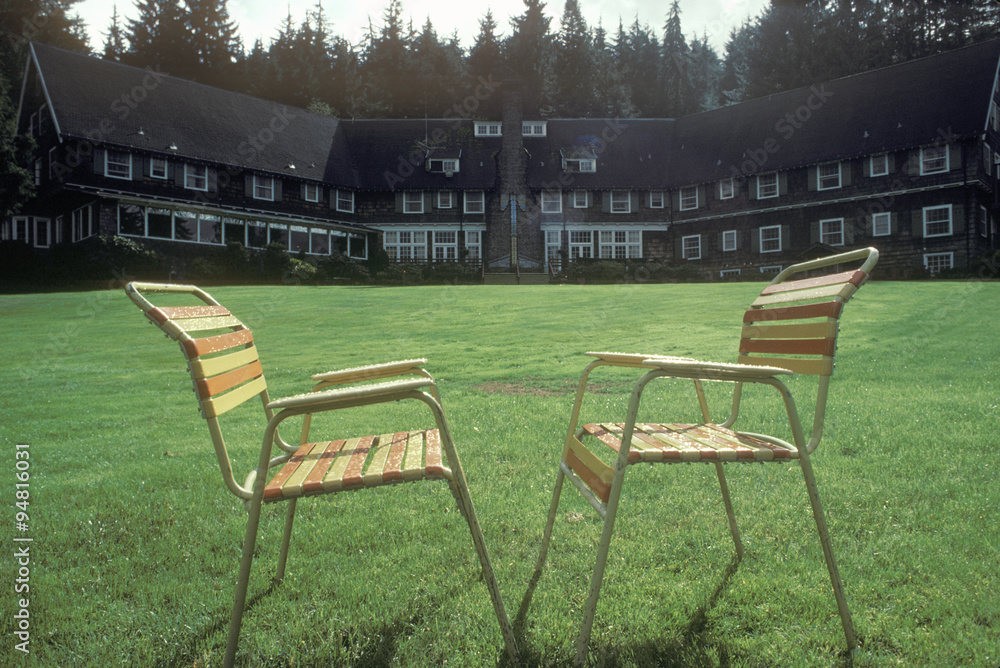 Outdoor chairs on lawn, Quinalt Lodge, WA