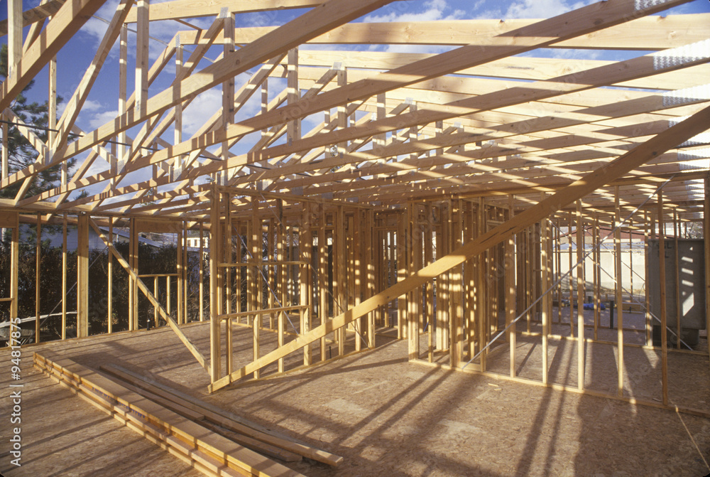 Wood frame of house under construction, Lone Pine, CA Wood frame of house under construction, Lone Pine, CA