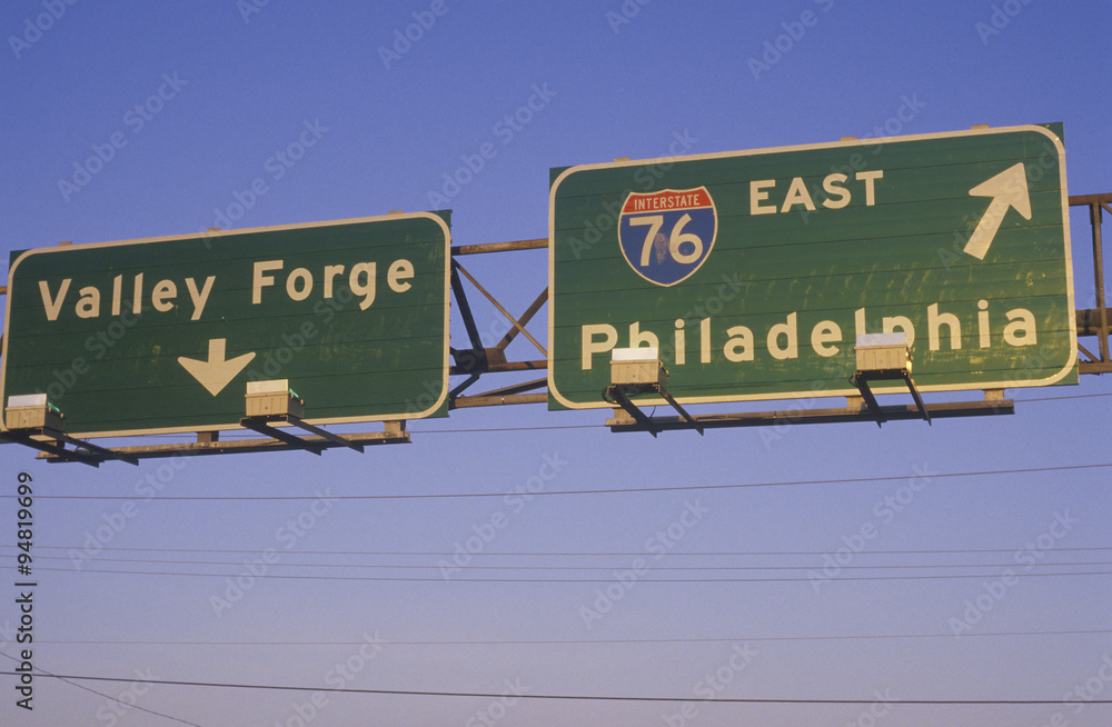 A sign for Interstate 76 in Philadelphia and Valley Forge