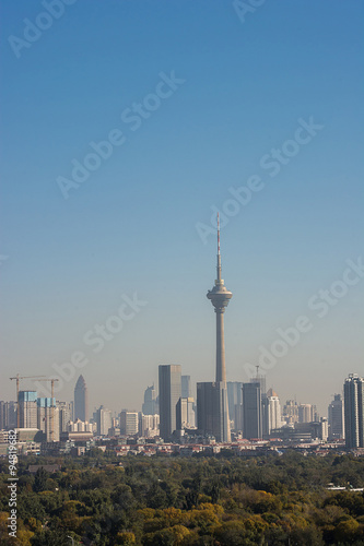 Aerial view of Tianjin cityscape .