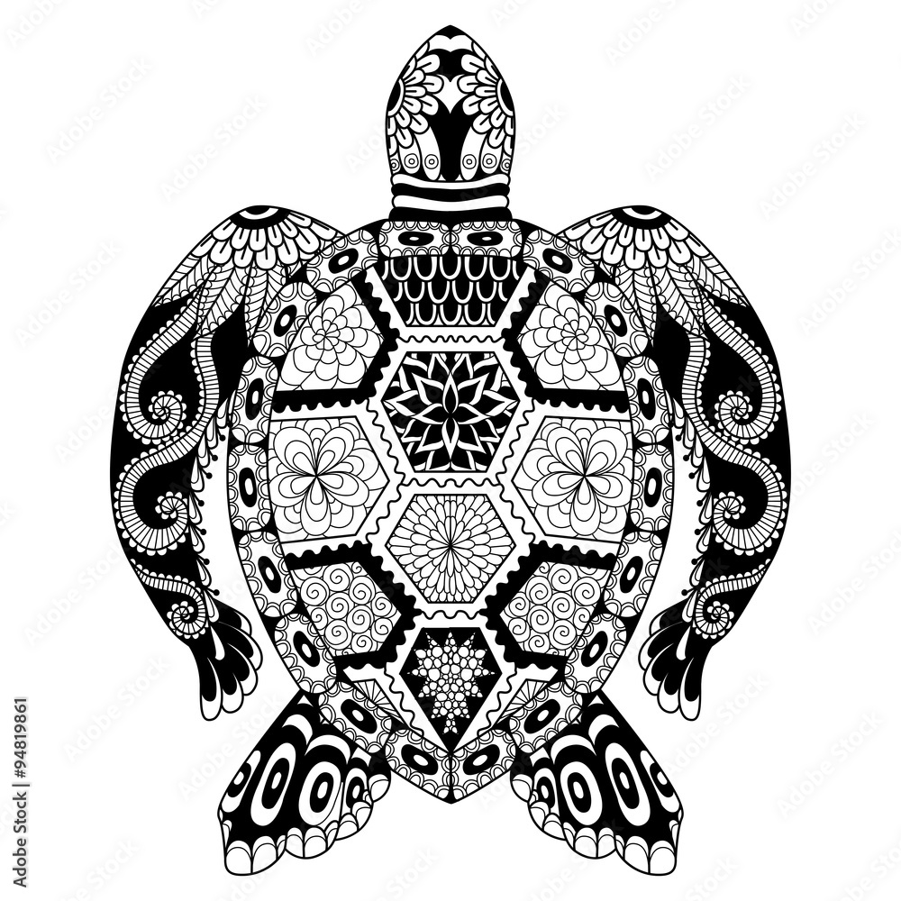 Drawing zentangle turtle for coloring page, shirt design effect, logo ...